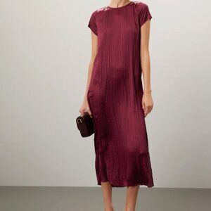 NWT Madewell Short-Sleeve Slip Midi Dress in Burgundy Plissé Size M